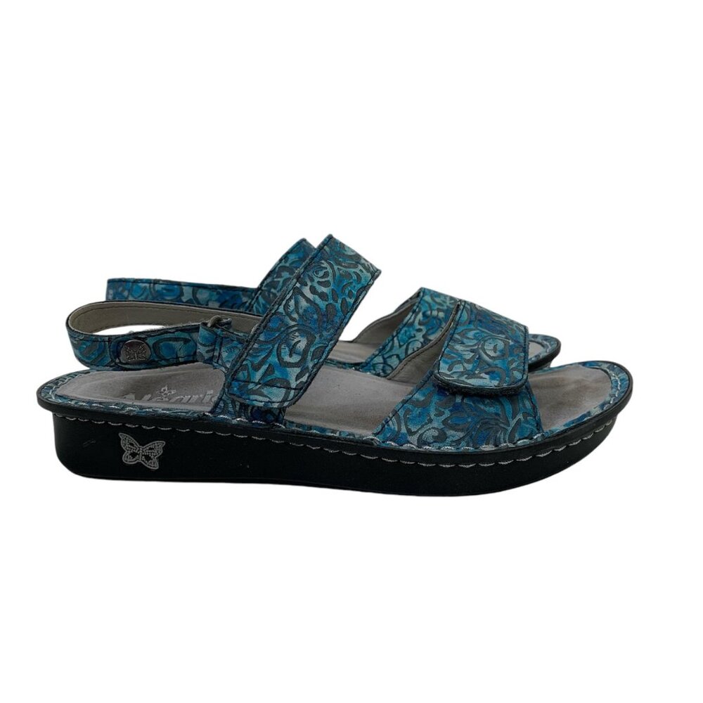 Alegria Teal Blue Floral Print Adjustable Sandals